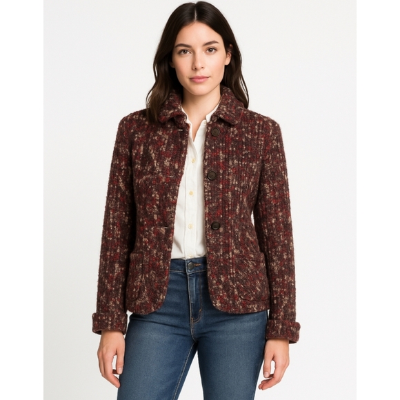 Vintage Rene Lezard Tweed Boucle Wool Pattern Evening Jacket Burgundy Women's 6 - Picture 1 of 16